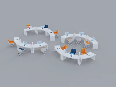 Modern Office Desk And Chair Set With White Tables Orange Blue Chairs And Computers 3d model