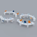 Modern Office Desk And Chair Set With White Tables Orange Blue Chairs And Computers