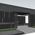 Modern Entrance Gate With Sleek Design Black Wall Glass Canopy And Green Plants