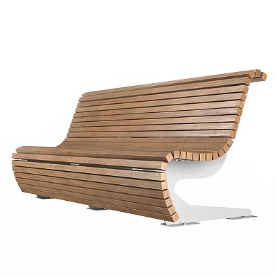 Modern Wooden Public Bench With Curved Slatted Surface And White Base 3d model