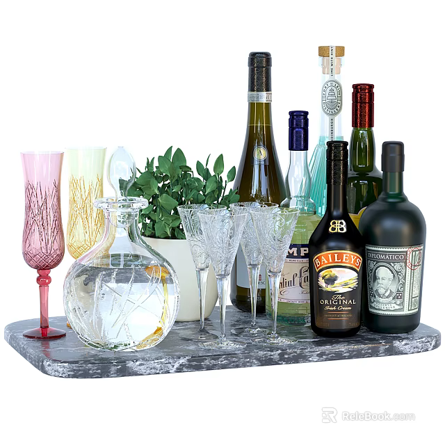 Assorted Wine Bottles And Glasses On Marble Tray With Green Plant Decoration 3d model 
