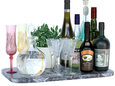 Assorted Wine Bottles And Glasses On Marble Tray With Green Plant Decoration 3d model