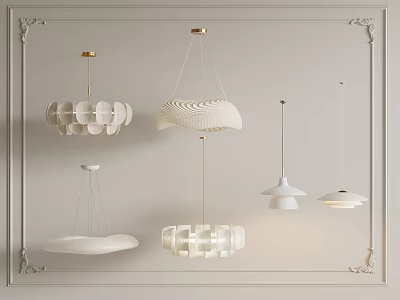 Stylish White Chandeliers with Various Designs Hanging on Decorative Frame Wall 3d model