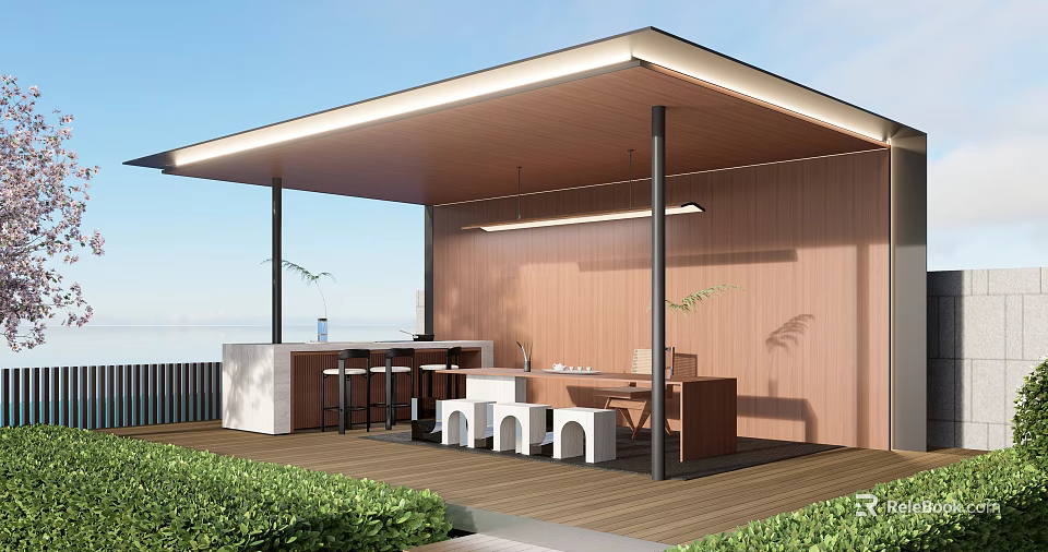 Modern Landscape Pavilion Design With Wooden Roof Open Seating Bar Counter Modern Lighting And Greenery 3d model 