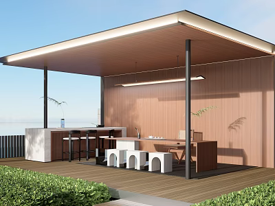 Modern Landscape Pavilion Design With Wooden Roof Open Seating Bar Counter Modern Lighting And Greenery 3d model