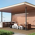 Modern Landscape Pavilion Design With Wooden Roof Open Seating Bar Counter Modern Lighting And Greenery