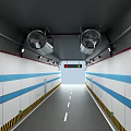 Tunnel Road Facilities With Blue Striped Walls Lighting Ventilation And Lane Markings