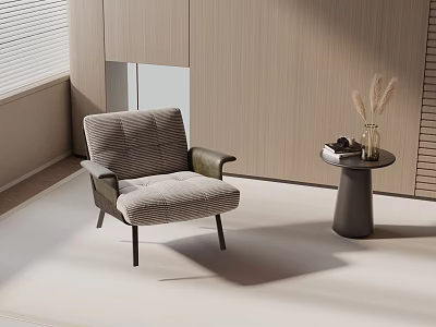Modern Upholstered Neutral Toned Lounge Chair With Side Table And Wooden Wall Decor 3d model