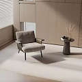 Modern Upholstered Neutral Toned Lounge Chair With Side Table And Wooden Wall Decor