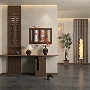 New Chinese Zen Hallway New Chinese Entrance Hallway Zen Song Aesthetics Hallway Potted Plant Hanging Painting 3d model