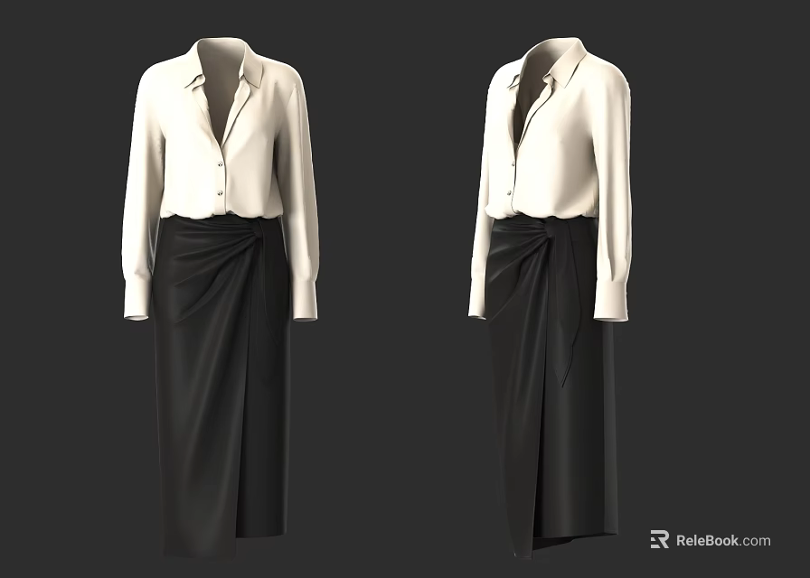 Stylish White Long Sleeve Shirt With Black Wrap Skirt Fashionable Clothing Design 3d model 