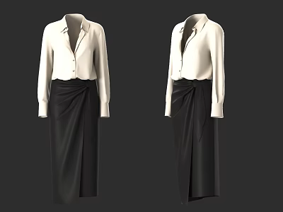 Stylish White Long Sleeve Shirt With Black Wrap Skirt Fashionable Clothing Design 3d model