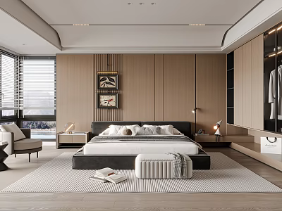 Modern Bedroom Interior Design With Wooden Wardrobes King Size Bed Window Decorative Paintings And Rug 3d model