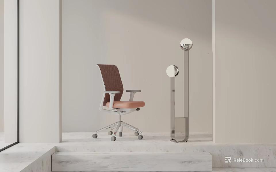 Modern Brown Office Chair With Metal Frame Wheels And Standing Lamp In Minimalist Space 3d model 