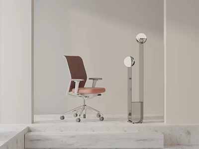 Modern Brown Office Chair With Metal Frame Wheels And Standing Lamp In Minimalist Space 3d model