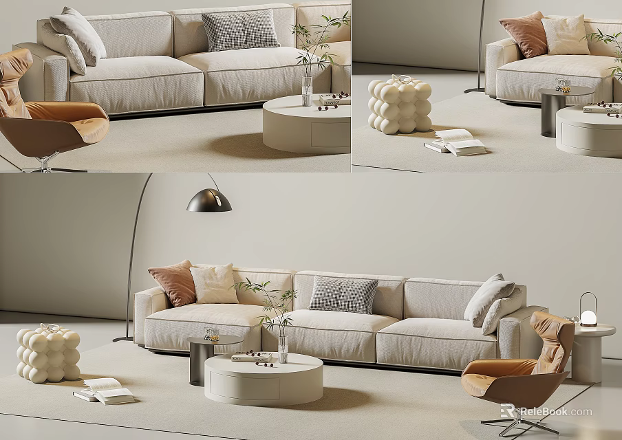 Cozy Modern Sofa Coffee Table Set with Soft Pillows Accent Chair Floor Lamp and Plant 3d model 