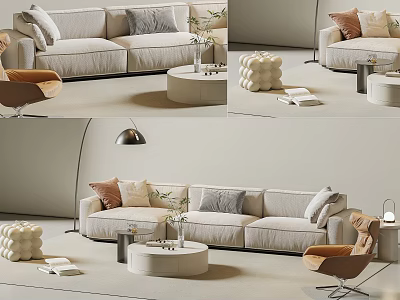 Cozy Modern Sofa Coffee Table Set with Soft Pillows Accent Chair Floor Lamp and Plant 3d model