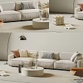 Cozy Modern Sofa Coffee Table Set with Soft Pillows Accent Chair Floor Lamp and Plant