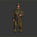 Man in Military Camouflage Uniform Wearing Helmet Standing Against Gray Background