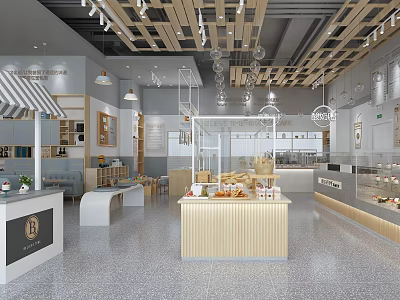 Modern Dessert Shop Interior With Wooden Counter Glass Display Cases And Displayed Pastries 3d model