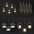 Modern Pendant Lights With Spherical Bulbs Long Strips And Square Gold Frames 3d model