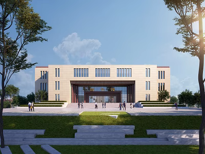Modern School Building With Beige Exterior Large Windows Front Steps Lawn Surrounding Trees Clear Sky 3d model