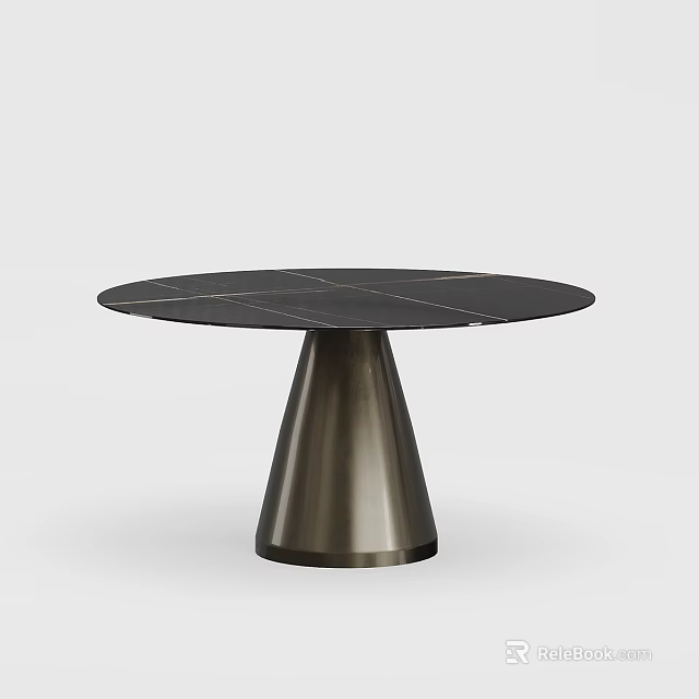 Round Black Marble Dining Table With Modern Metal Cone Shaped Base And Spliced Texture Top 3d model 