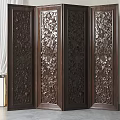 Four Panel Ornate Carved Wooden Screen With Traditional Patterns For Interior Decor 3d model