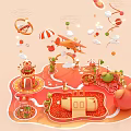 Cheerful Cartoon Playground With Red Character Slide Castle Small Plants Airplane And Clouds