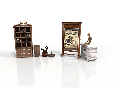 Vintage Architectural Interior Design With Wooden Bookshelf Framed Art Sculpture And Decorative Vases 3d model