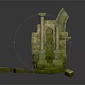 Ancient Weathered Stone Ruin Structure With Moss Covered Archway And Pillars