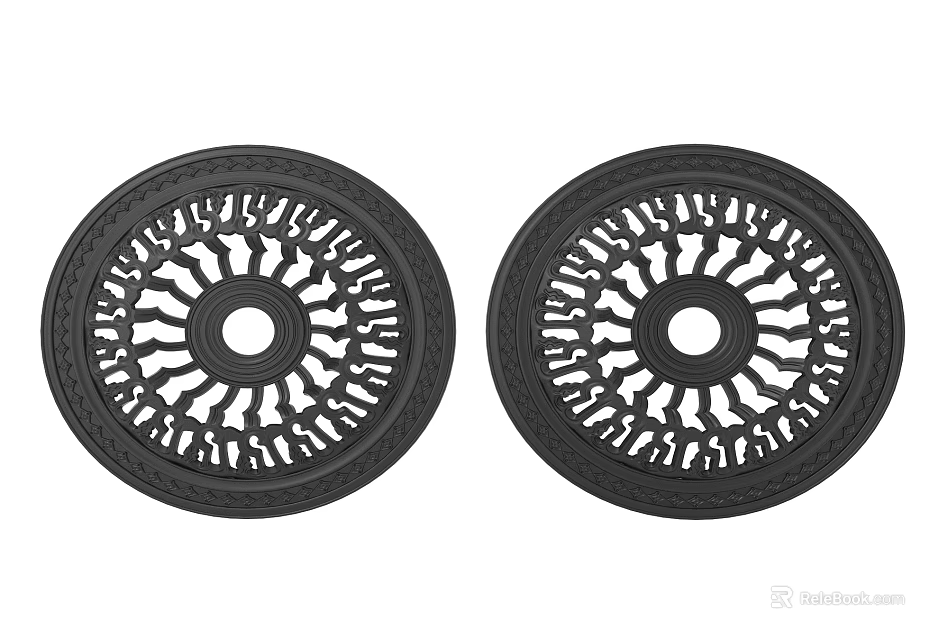 Two Black Circular Ceiling Lamp Plates with Intricate Hollow Pattern Design 3d model 