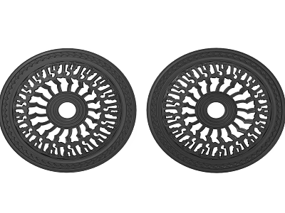Two Black Circular Ceiling Lamp Plates with Intricate Hollow Pattern Design 3d model