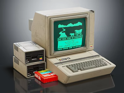 Vintage Computer Setup With Green Screen Monitor Keyboard Tower And Floppy Disks 3d model