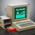 Vintage Computer Setup With Green Screen Monitor Keyboard Tower And Floppy Disks