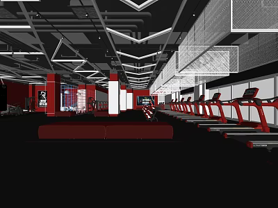 Modern Fitness Gym Interior With Red Treadmills And Exercise Equipment 3d model