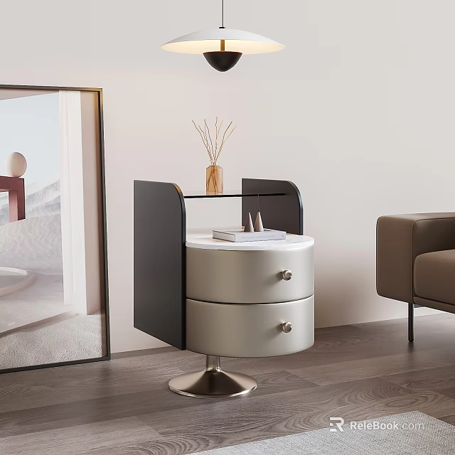 Modern Bedside Table With Silver Drawers Black Frame Metal Base And Vase 3d model