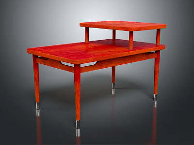 Modern Red Wooden Bedside Table With Two Tier Shelves And Metal Legs 3d model