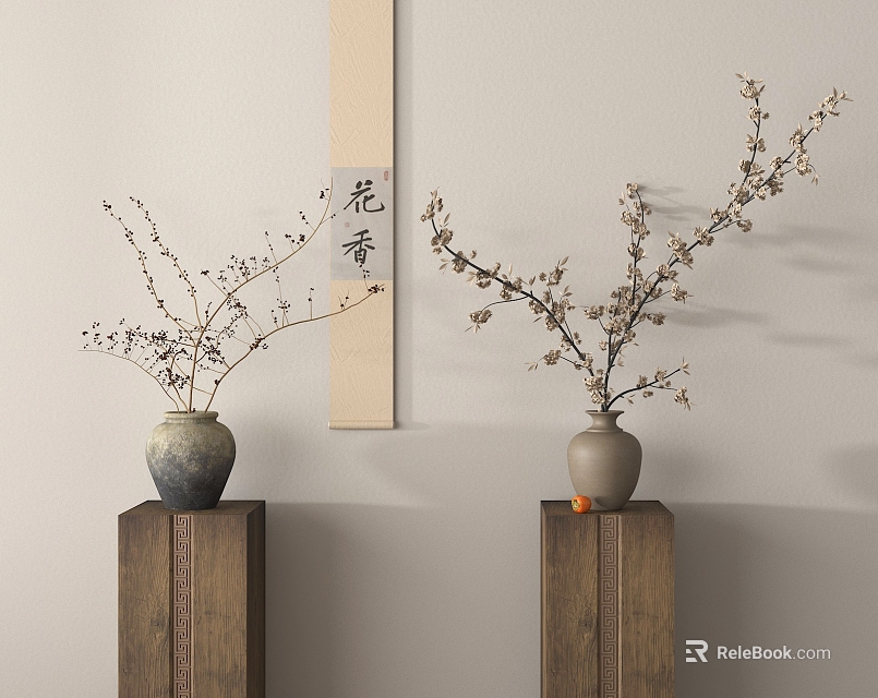 Traditional Ceramic Vases With Plum Branches On Wooden Pedestals And Scroll Background 3d model 