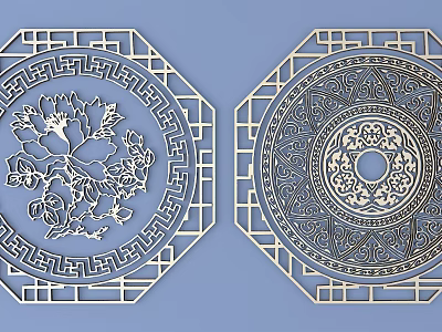 Intricate Traditional Carvings With Octagonal And Circular Frames Featuring Floral And Geometric Patterns 3d model