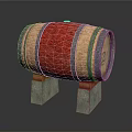 Wooden Wine Barrel with Red Fabric and Metal Hoops on Stone Stands