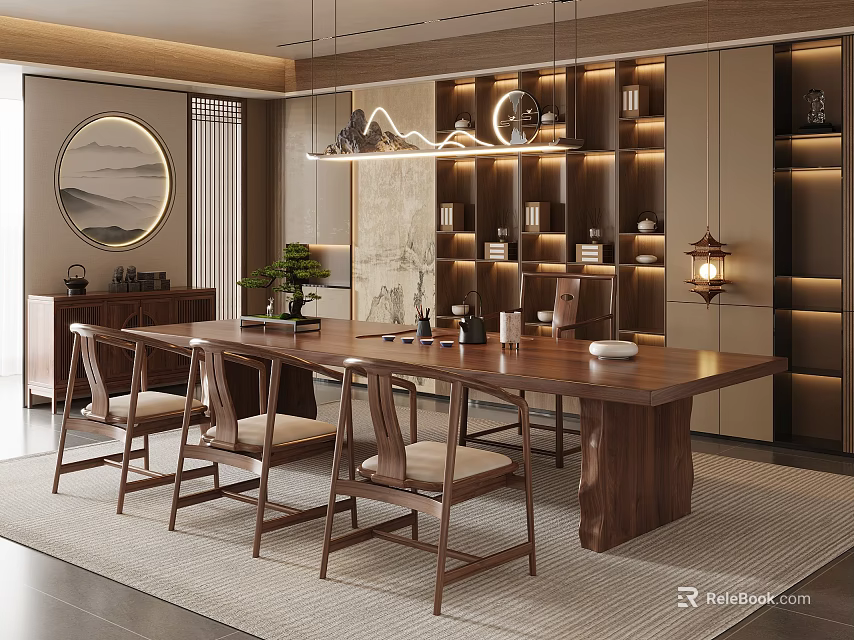 Traditional Chinese Interior Design With Wooden Dining Table Chairs Bookshelves And Decorative Elements 3d model 
