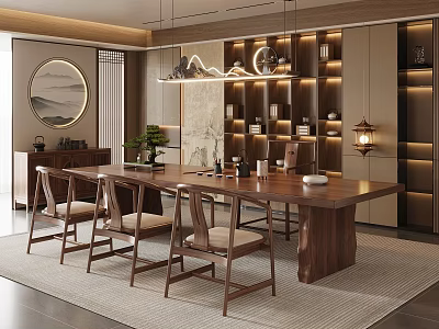 Traditional Chinese Interior Design With Wooden Dining Table Chairs Bookshelves And Decorative Elements 3d model