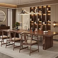 Traditional Chinese Interior Design With Wooden Dining Table Chairs Bookshelves And Decorative Elements