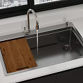Stainless Steel Kitchen Sink With Wooden Cutting Board Faucet Water Flow And Fruits Black Plate