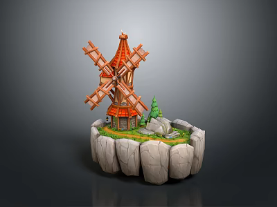 Detailed Wooden Windmill Model On Rock Base With Small Trees And Grass 3d model
