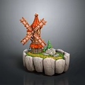 Detailed Wooden Windmill Model On Rock Base With Small Trees And Grass