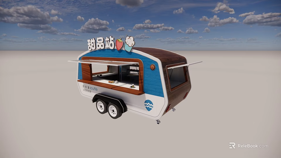 Mobile Commercial Dessert Food Cart With Blue Exterior And Wooden Design 3d model 
