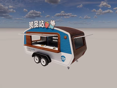 Mobile Commercial Dessert Food Cart With Blue Exterior And Wooden Design 3d model