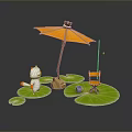 3D Scene Featuring White Cat Orange Umbrella Chair Fishing Rod On Green Lily Pad Platforms